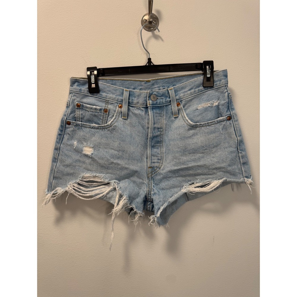 Levis 501 Original Shorts Women 29 Light Wash Distressed Denim Button Fly Cutoff